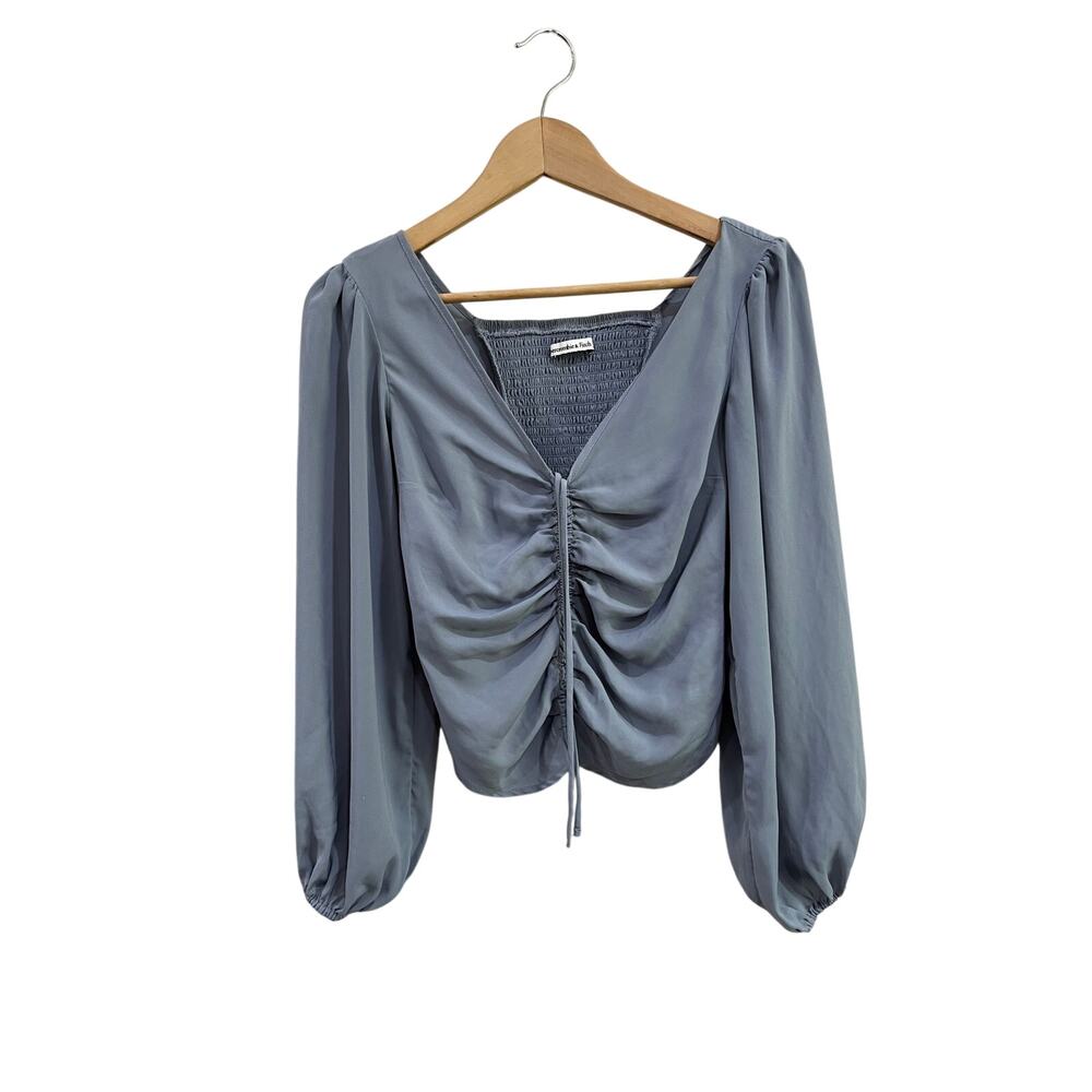 Abercrombie Ruched Front Long Sleeve Coquette Blouse Blue Size XS Y2K